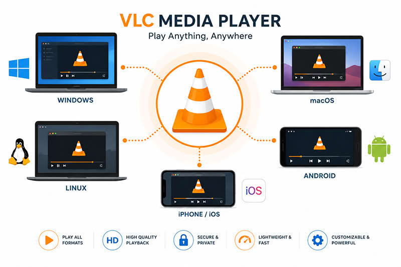 VLC media player cross platform compatibility windows macos linux android ios vector infographic