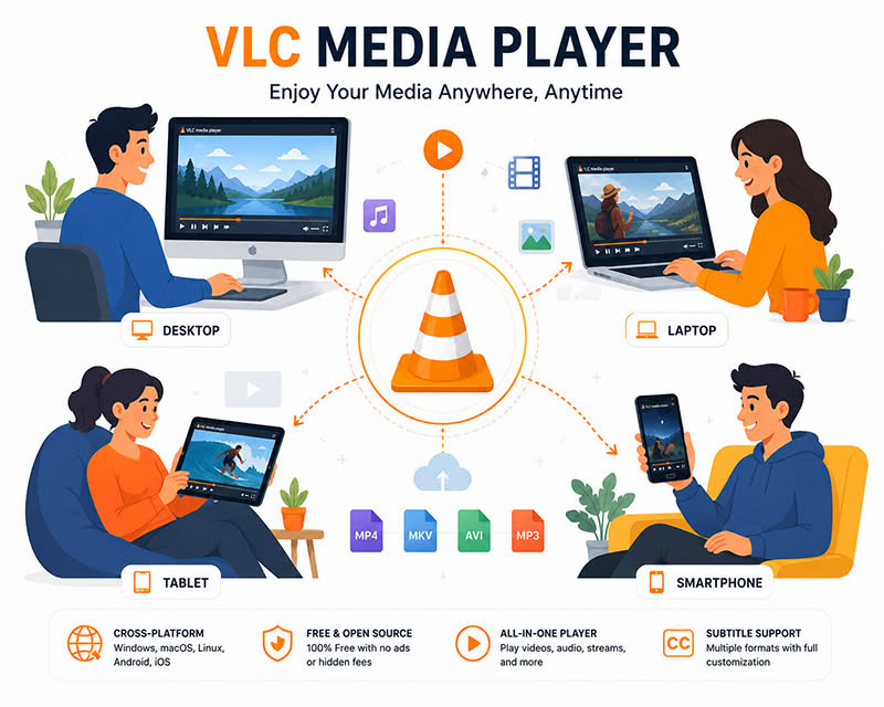 VLC media player cross platform video streaming on desktop laptop tablet smartphone vector illustration