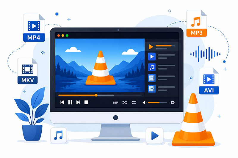 VLC media player video audio playback supported file formats vector illustration