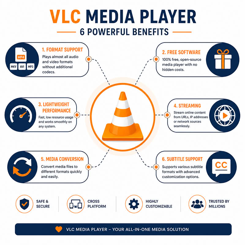 vlc media player benefits format support free software streaming media conversion subtitle support infographic