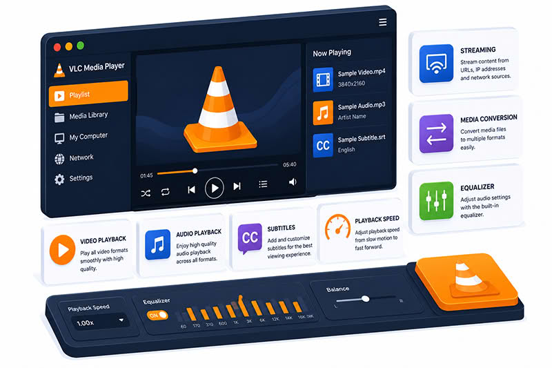 vlc media player dashboard features video audio playback subtitles streaming media conversion equalizer controls playback speed isometric vector illustration